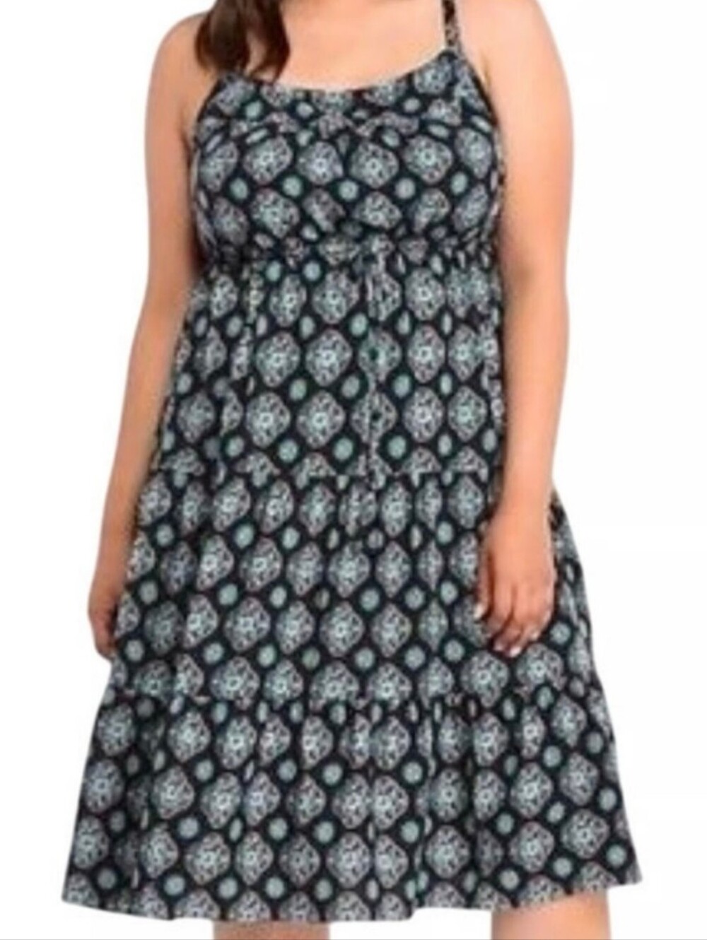 Torrid 3-Tier Midi Sundress - Size 1 / 1X, Black & Turquoise Mandala Print